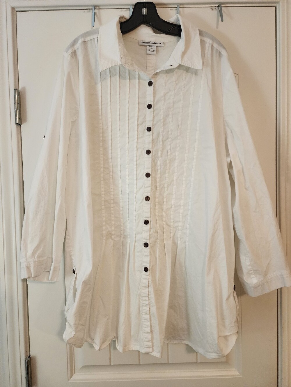 Serengeti White Cotton Button-Up Tunic Shirt Pintuck Front Button Back L/S 2X